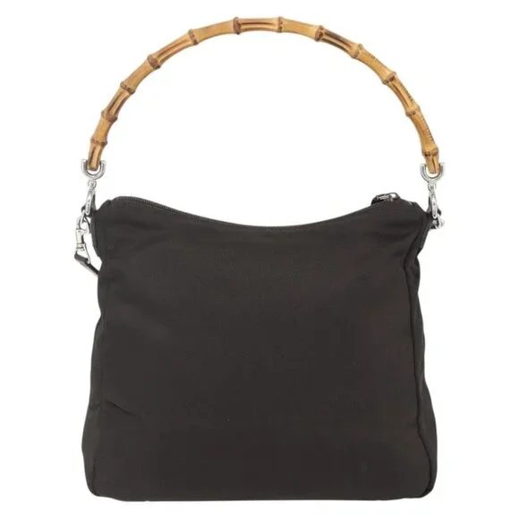 GUCCI Bamboo Shoulder Bag Nylon 2way Brown Silver Auth 151470